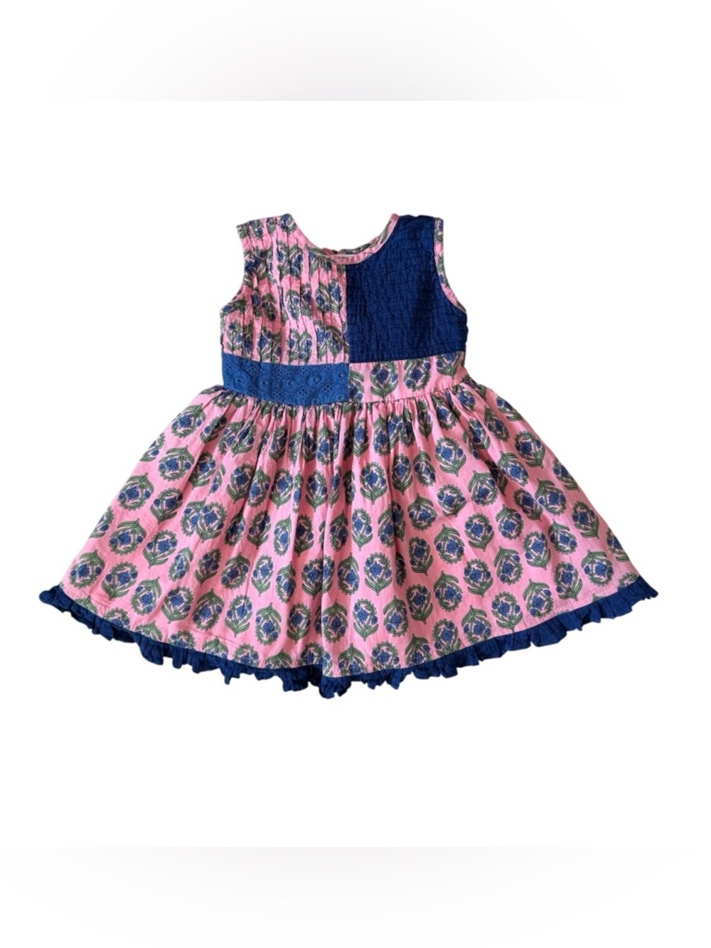 Miara Girls Pink and Navy Floral Cotton Dress